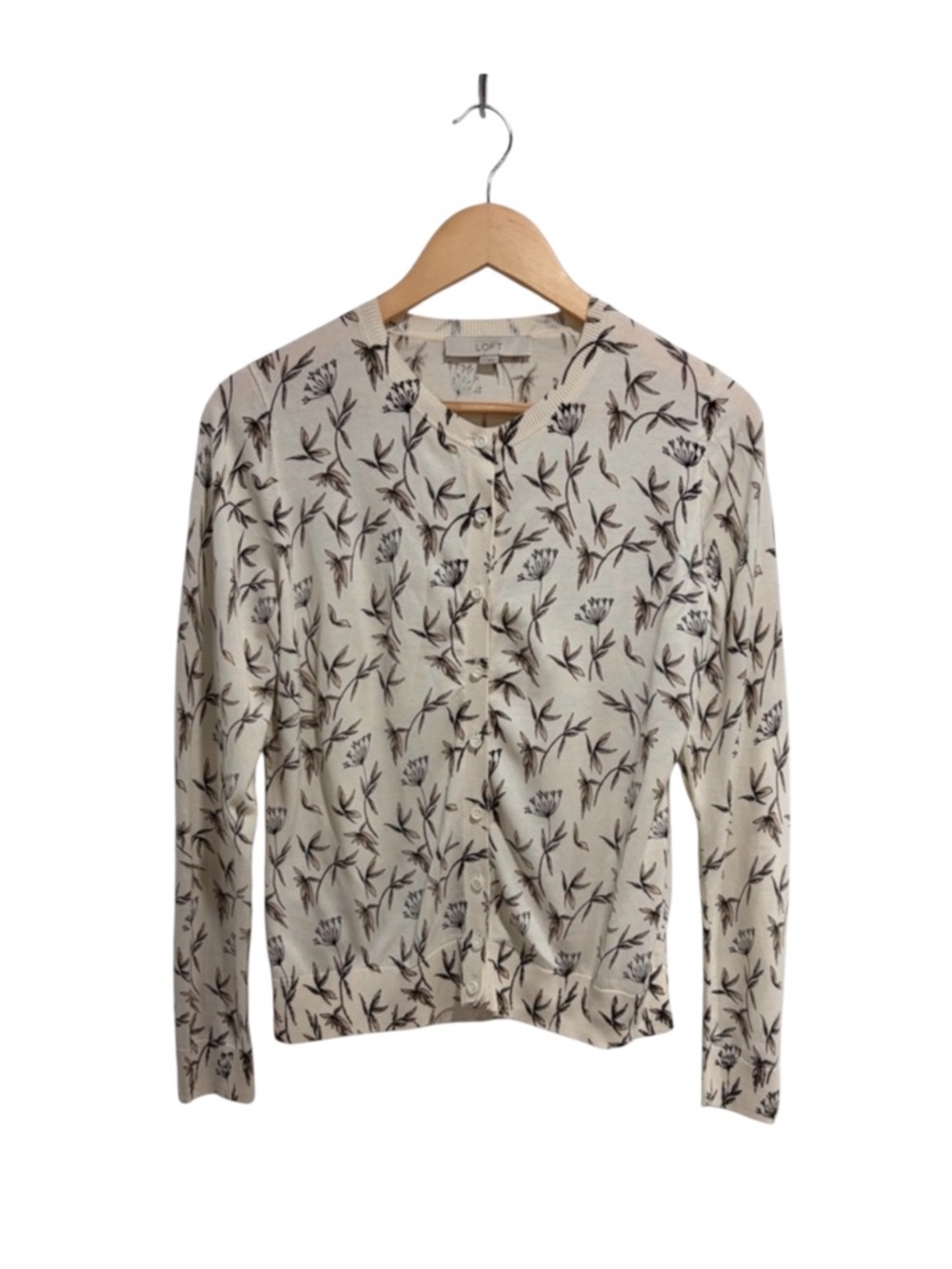 LOFT Ann Taylor Women’s Cream Floral Long Sleeve Button-Up Cardigan Cotton